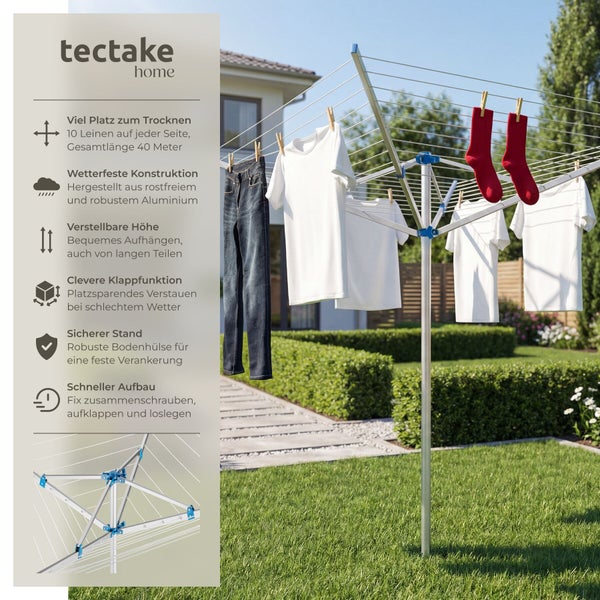 tectake home Logo, Wäschespinne aus Aluminium im Garten mit Kleidung sowie Merkmalen wie 40 Meter Trockenlänge, Wetterfestigkeit und Klappfunktion.
