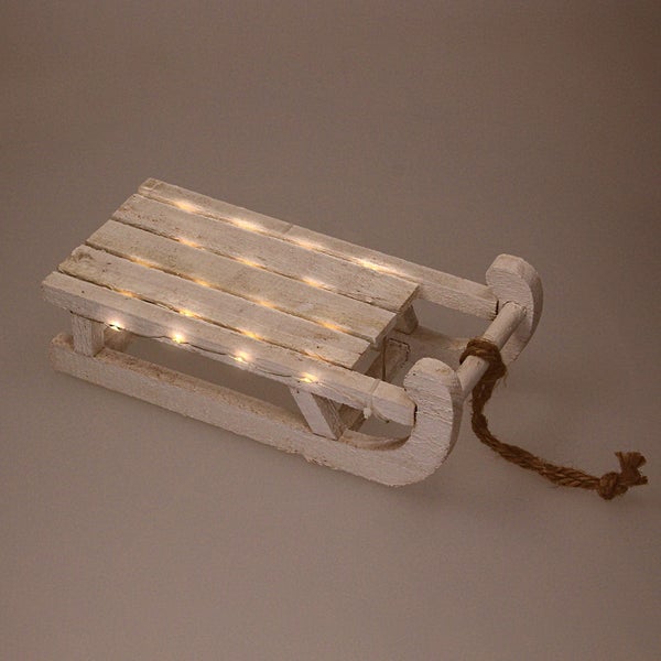 ECD Germany Deko Schlitten aus Holz mit 25 Warmweißen LEDs, 31,5x14,5x10,5 cm, Weiß, Batterriebetrieben, Timer 6 Std., inkl. Schnur, Weihnachtsdeko Weihnachten Dekoration Dekoschlitten Holzschlitten