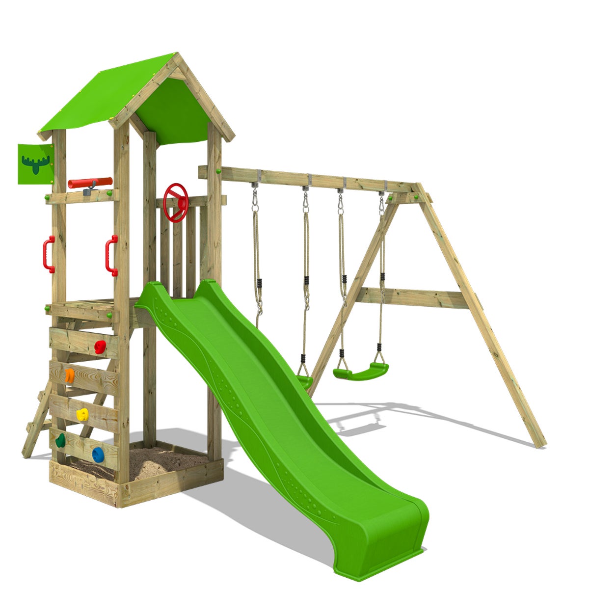 FATMOOSE Spielturm KiwiKey mit Schaukel und apfelgrüner Rutsche mit Sandkasten, Leiter und Spiel-Zubehör