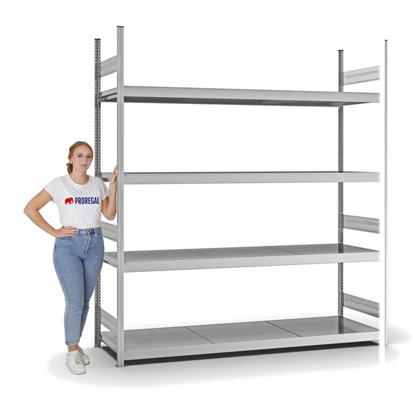 PROREGAL Weitspannregal Stecksystem T-Profil Grundregal HxBxT 250x225x60 cm 4 Ebenen Stahlplatten Fachboden Fachlast 350 kg Verzinkt