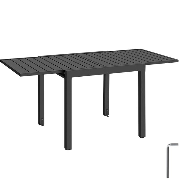 Ausziehbarer Gartentisch aus Aluminium mit schwarzer Tischplatte in Lattenoptik.