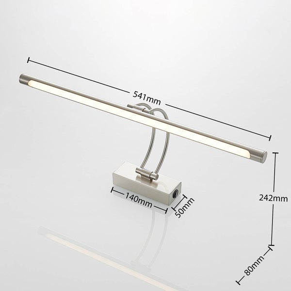 LED-Bilderleuchte aus Metall mit Maßangaben: Breite 541 Millimeter, Wandhalterung 140 Millimeter breit, Tiefe 242 Millimeter.