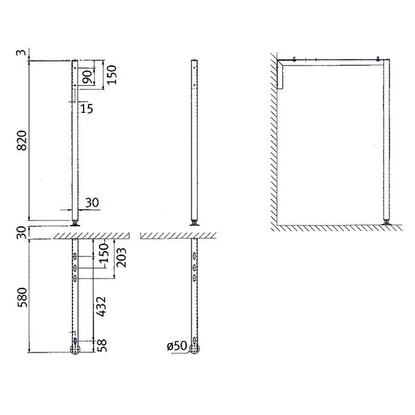 Technische Zeichnung eines Pfostens mit detaillierten Maßangaben in Millimetern.
