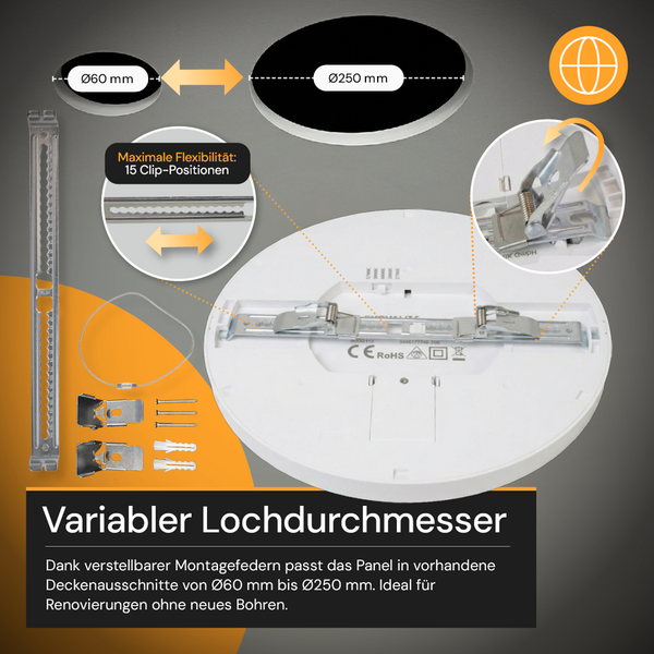 LED-Panel mit verstellbaren Montagefedern für Deckenausschnitte von 60 Millimeter bis 250 Millimeter inklusive Montagematerial.
