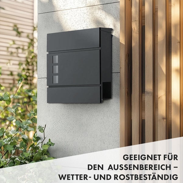 FLOORDIREKT Briefkasten Jules - Stahl Wandbriefkasten mit Zeitungsfach und Sichtfenster Anthrazit