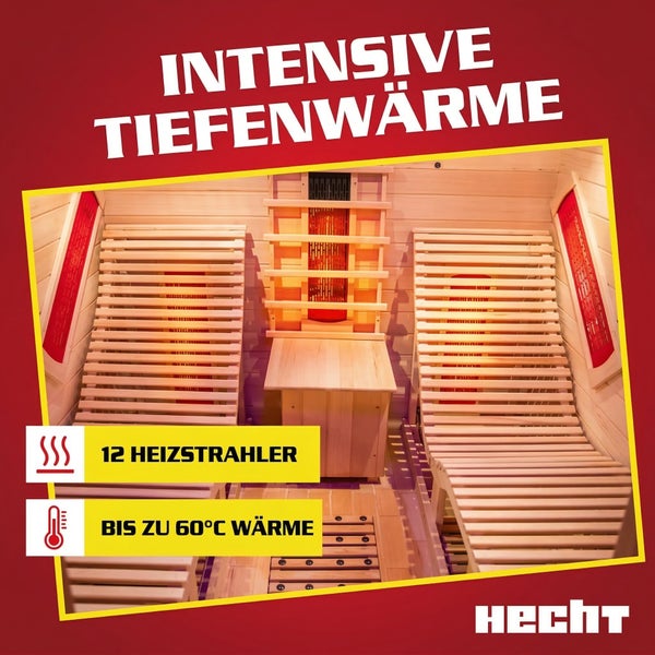 Infrarotkabine mit zwei ergonomischen Holzliegen, zwölf Heizstrahlern und bis zu 60 Grad Celsius Wärme für intensive Tiefenwärme. Hecht Logo.