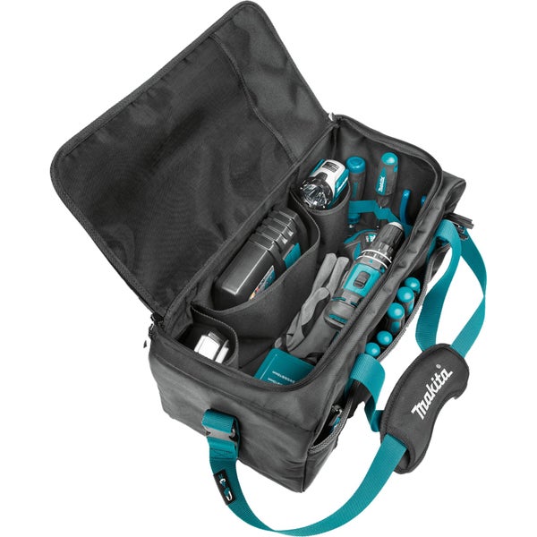 Werkzeugtasche in Schwarz und Türkis mit Tragegriffen, Schultergurt und Außentaschen für Werkzeug.
