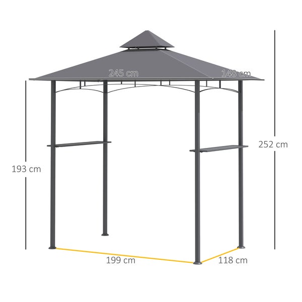 Outsunny Grillpavillon Gartenzelt Grill Pavillon Balkonpavillon mit Ablagen Flammhemmendes Doppeldach Grau 245 x 148 x 252 cm