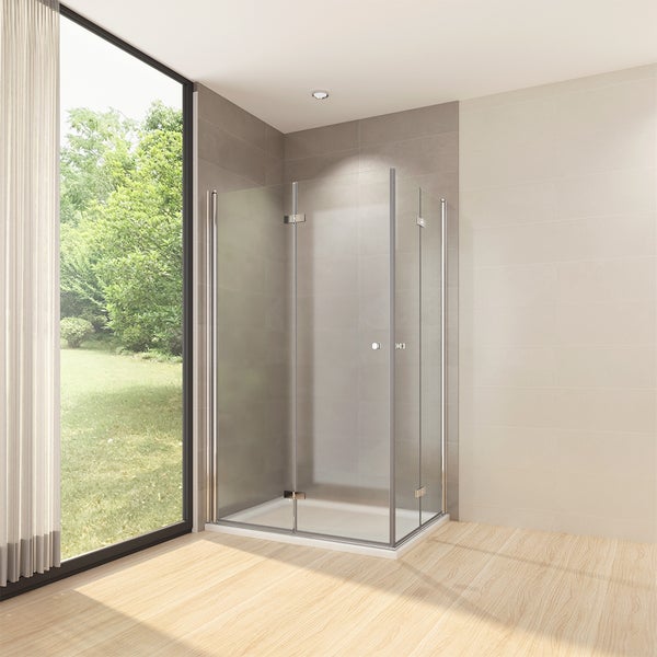 EMKE Duschkabine Eckeinstieg 75 x 120 cm, Falttür, 6 mm ESG-Sicherheitsglas beidseitig Nano-beschichtet, Hebe-Senk-Mechanismus, Chrom, Höhe: 185cm