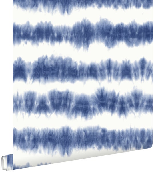 ESTAhome Tapete horizontale Tie-Dye Shibori Streifen Indigoblau und Weiß - 53 cm x 10.05 m - 148689