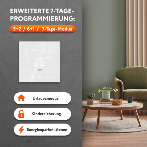 Raumansicht mit einem Thermostat mit erweiterter 7-Tage-Programmierung, Urlaubsmodus, Kindersicherung und Energiesparfunktionen