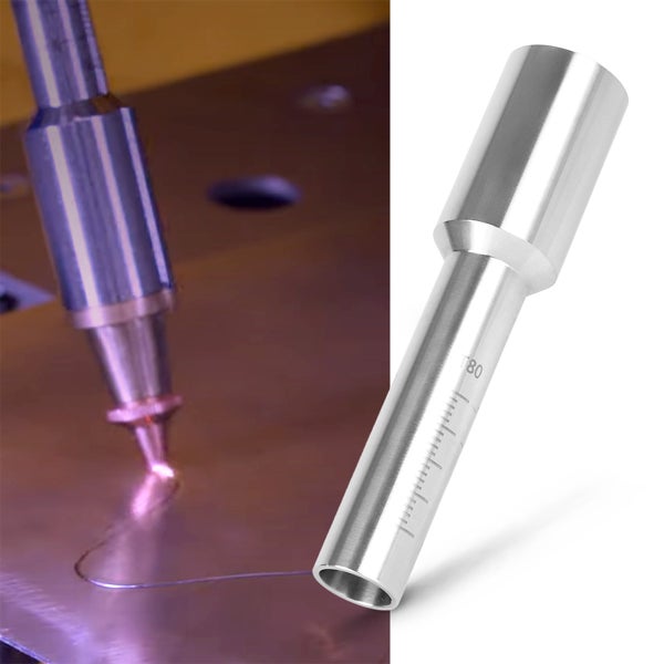 Metalldüse Modell T80 mit Skalierung, dargestellt im Einsatz auf Metall und als Einzelprodukt.