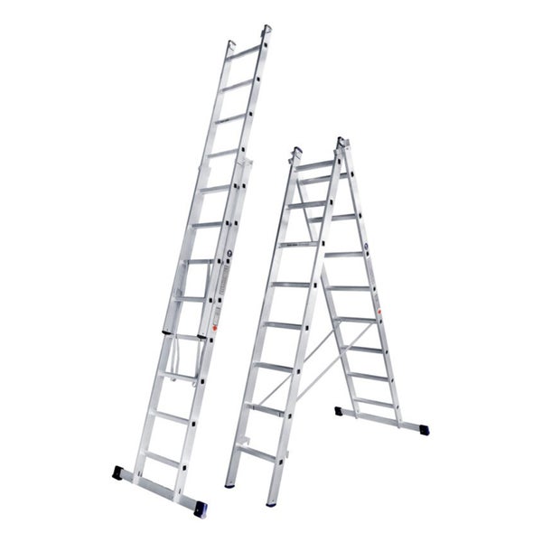 Mehrzweckleiter aus Aluminium in ausgezogener und als Stehleiter aufgestellter Position
