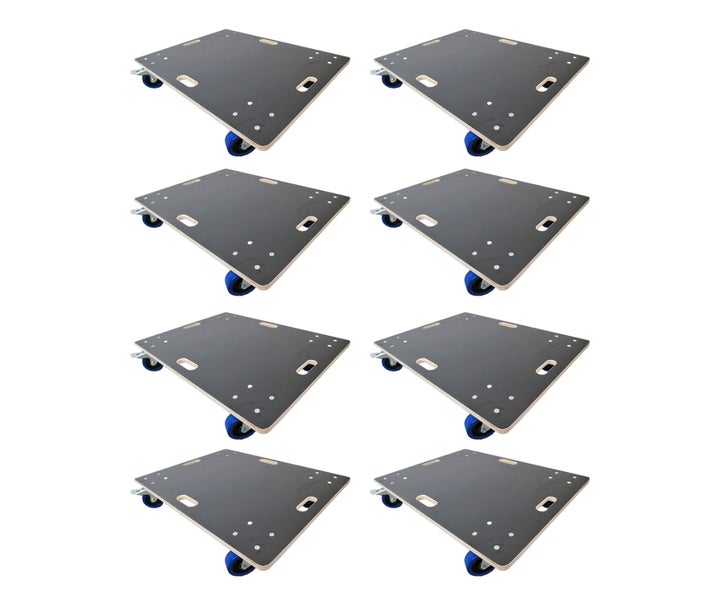 Achtteiliges Set Transporthilfen mit Multiplex-Ladefläche und vier Lenkrollen.