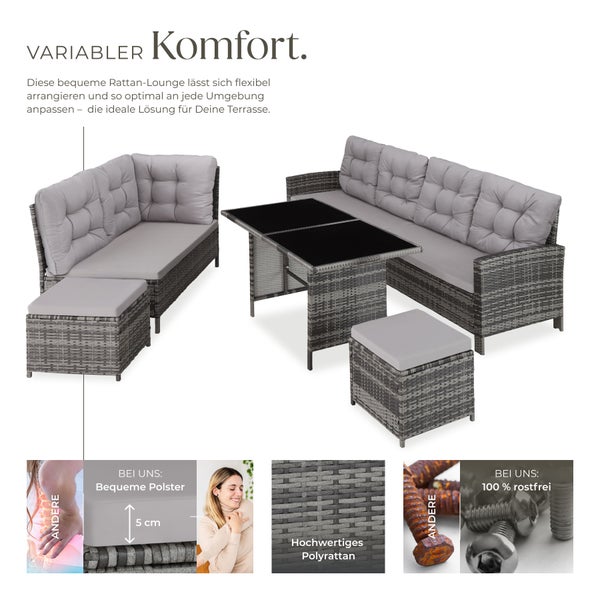 Rattan Lounge tectake Barletta mit Sicherheitsglasplatten für 6 bis 8 Personen grau