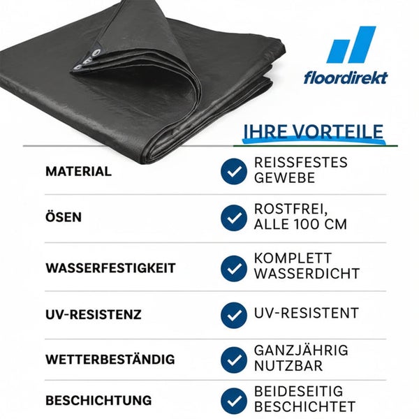 Abdeckplane mit den Produktvorteilen wie reißfestes Gewebe, rostfreie Ösen alle 100 cm, wasserdicht, UV-resistent, ganzjährig nutzbar und beidseitig beschichtet.