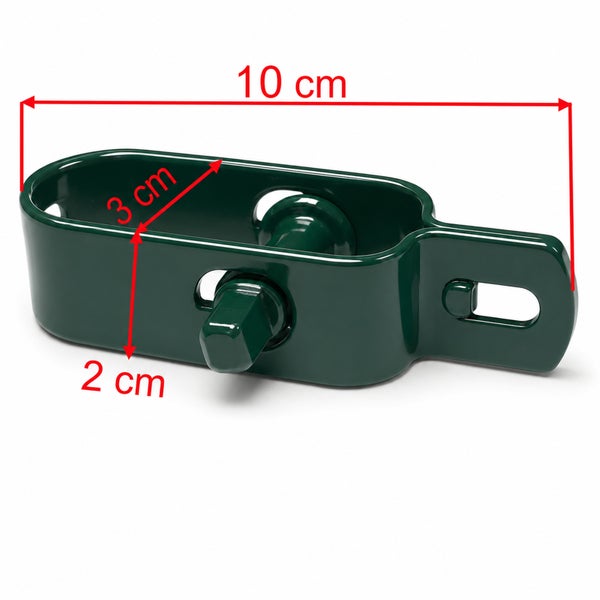 Drahtspanner grün mit Maßen 10 Zentimeter mal 3 Zentimeter mal 2 Zentimeter für Maschendrahtzaun.