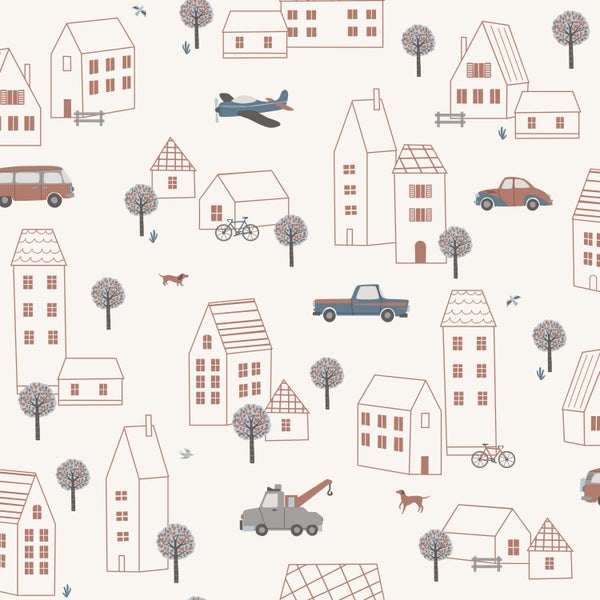 Illustrative Darstellung einer Stadtlandschaft mit Häusern, Fahrzeugen und Bäumen