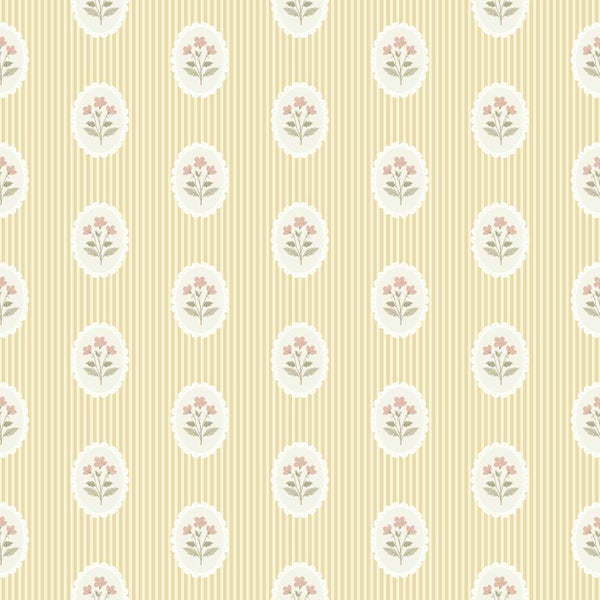 Tapete mit vertikalen Streifen und kleinen Blumenmotiven in ovalen Medaillons.