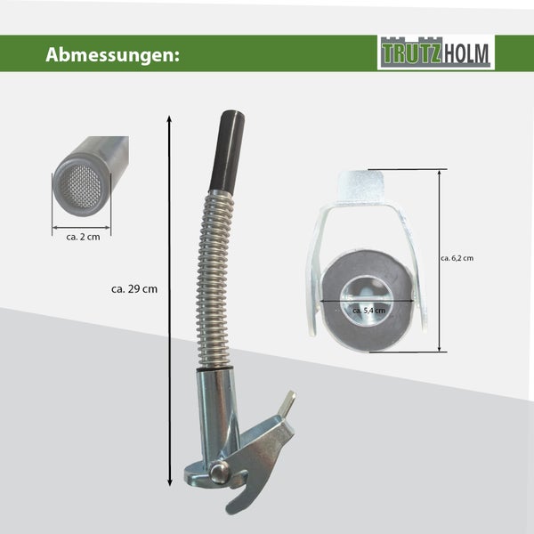 Trutzholm Ausgießer mit flexiblem Schlauch und Haltebügel, Maße in Zentimeter dargestellt.