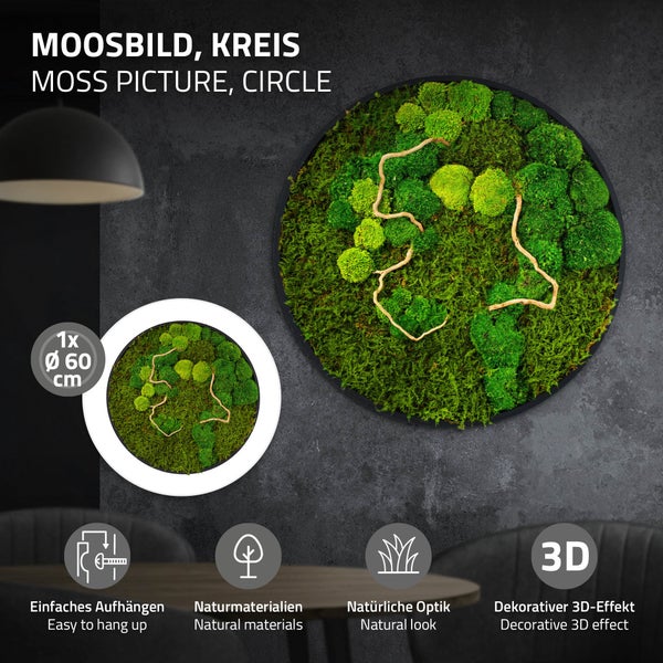 Rundes Moosbild mit einem Durchmesser von 60 Zentimeter, Wanddekoration aus Naturmaterialien mit dreidimensionaler Optik und einfacher Aufhängung.