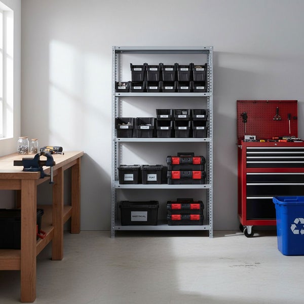 Organisierte Werkstatt mit Metallregal, schwarzen Lagerboxen, Werkzeugkoffern, Werkbank mit Schraubstock und rotem Werkzeugwagen.