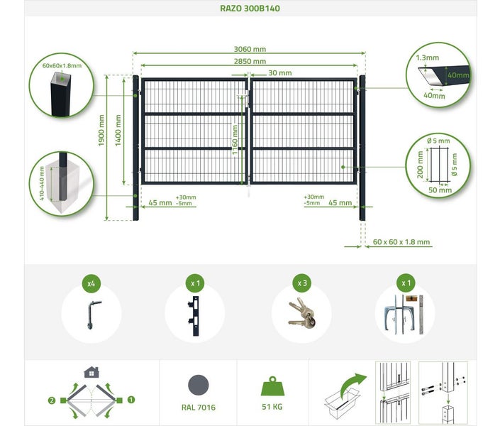 RAZO 300B140 Gartentor mit Maßangaben und Details