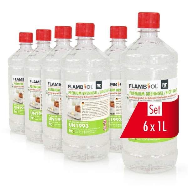 Set mit sechs Flaschen Premium Brenngel oder Bioethanol von Flambsol