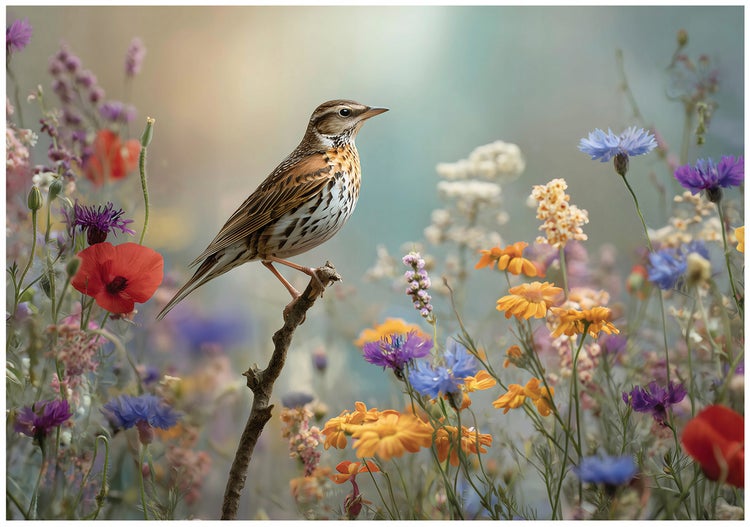 Eine Singdrossel sitzt auf einem Zweig inmitten einer blühenden Blumenwiese mit Mohnblumen und Kornblumen als Wandbild.