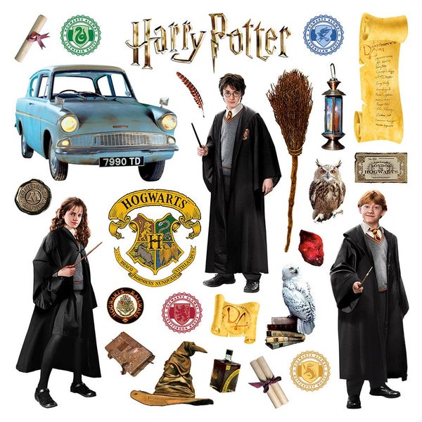 Harry Potter Wandsticker Set mit Harry Ron Hermione Hogwarts Wappen Hauswappen Eule Hedwig Besen sprechendem Hut Auto und Harry Potter Logo.