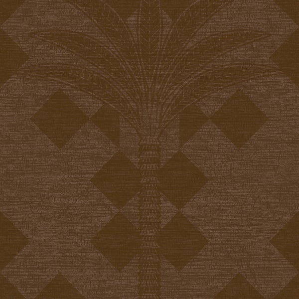 Braune Tapete mit geometrischem Rautenmuster und Palmensilhouette, strukturierte Oberfläche.