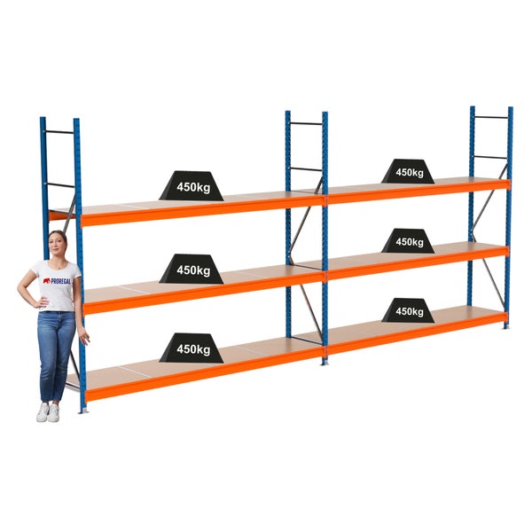 Lagerregal mit drei Ebenen und einer Traglast von 450 Kilogramm pro Ebene.