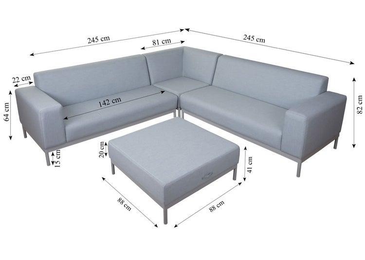 Garten-Lounge-Set mit Ecksofa und Hocker inklusive Maßangaben, Schenkelmaß 245 mal 245 Zentimeter, Gesamthöhe 82 Zentimeter.