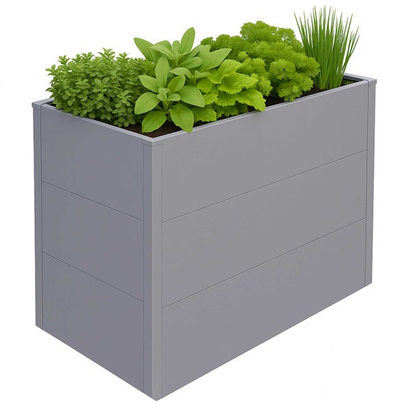 Hochbeet aus Metall bepflanzt mit Kräutern wie Schnittlauch und Petersilie.