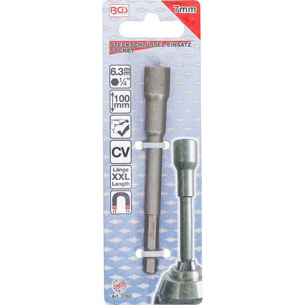 BGS Steckschlüssel-Einsatz Sechskant extra lang für Bohrmaschinen Antrieb Außensechskant 6,3 mm (1/4) SW 7 mm - 2763