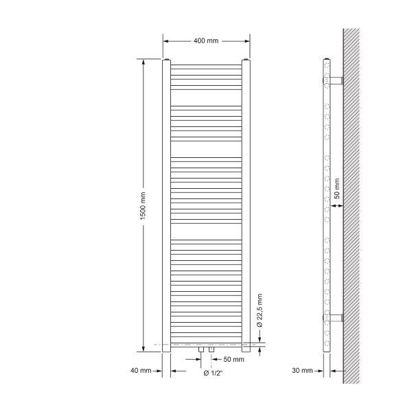 ECD Germany Badheizkörper Mittelanschluss 400 x 1500 mm Chrom gerade mit Thermostat und Anschlussgarnitur Universal Eck- und Durchgangsform Chrom - Heizkörper Heizung Handtuchwärmer Handtuchtrockner