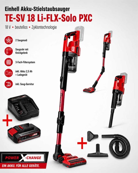 Einhell Akku-Stielstaubsauger TE-SV 18 Li-FLX-Solo PXC mit Knickgelenk, 18 Volt Akku 2,5 Amperestunden, Ladegerät und Zubehör. Einhell Logo.