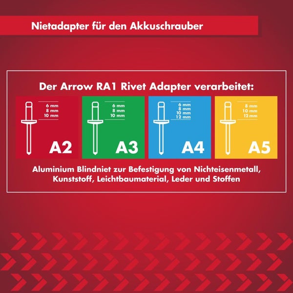 Arrow RA1 Nietadapter für Akkuschrauber. Kompatible Aluminium-Blindnieten: A2/A3 6 bis 10 Millimeter, A4 6 bis 12 Millimeter, A5 8 bis 12 Millimeter.