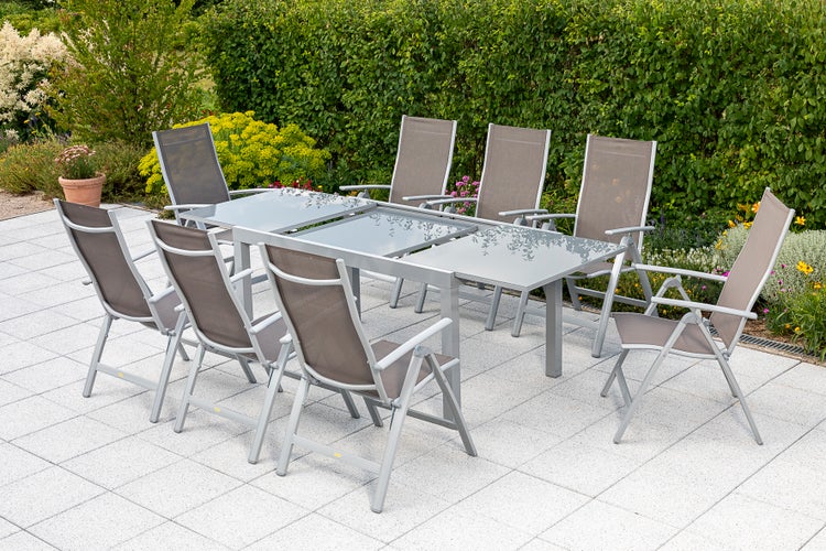 Carrara Gartenmöbelset 9tlg., Klappsessel, Semi Ausziehtisch 150 (220) x 90 cm, taupe