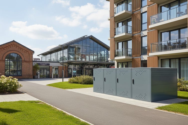 Fahrradboxen vor Gebäuden in Außenaufnahme