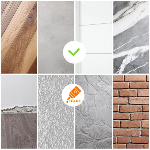 Collage verschiedener Wandbeläge wie Holz, Beton, Fliesen, Marmor, Rauputz und Backstein zur Darstellung geeigneter Untergründe mit Klebesymbol.