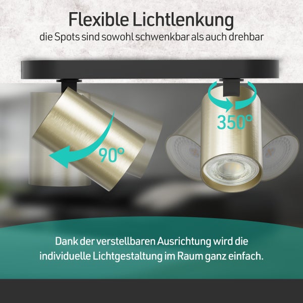 Deckenstrahler mit flexibler Lichtlenkung: 90 Grad schwenkbar und 350 Grad drehbar für eine individuelle Ausrichtung.