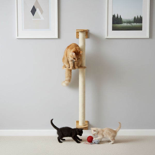 Wandkratzbaum zur Wandmontage mit Sisalstamm und Liegeplattform, genutzt von einer Katze, während zwei Kätzchen auf dem Boden spielen.