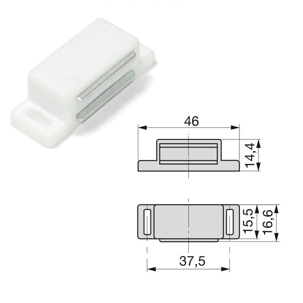 Magnet schnäpper aus Kunststoff mit technischer Zeichnung und Bemaßung in Millimetern.