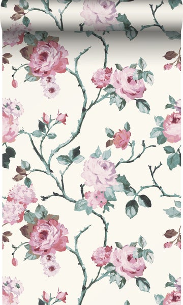 Origin Wallcoverings Tapete Blumen Crême-Weiß und Hellrosa und Grün - 53 cm x 10.05 m - 347433