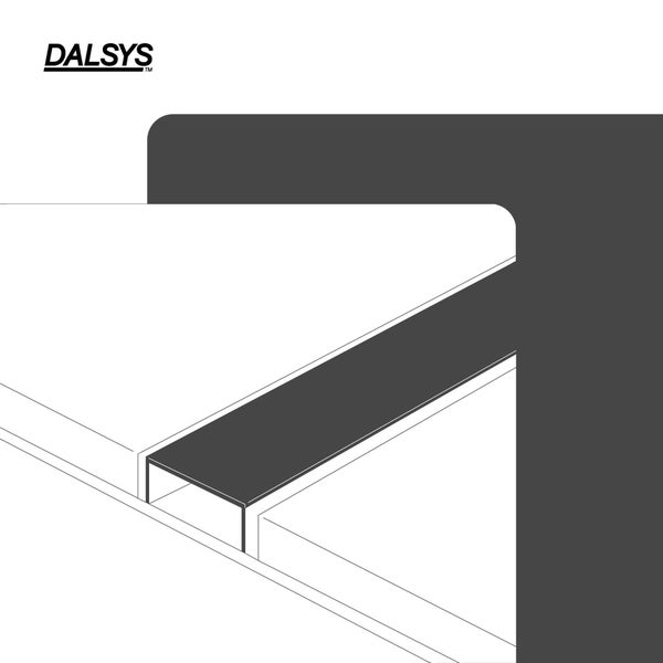 DALSYS Logo. Schematische Darstellung eines Übergangsprofils aus Metall zwischen zwei Bodenbelägen.