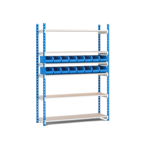PROREGAL Fachbodenregal MAXIMUS mit 91x Sichtlagerboxen à 4,6L Fachlast 114kg Grundregal HxBxT 200x125x30cm 7 Ebenen Lichtblau/Lichtgrau