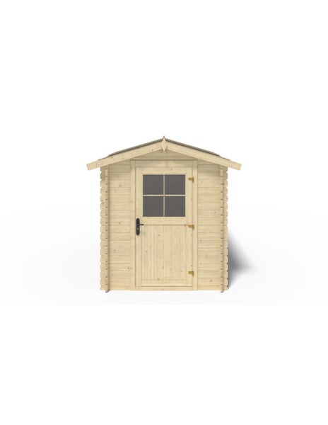 Gartenhaus aus hellem Holz mit Satteldach und einer Tür mit integriertem Sprossenfenster.