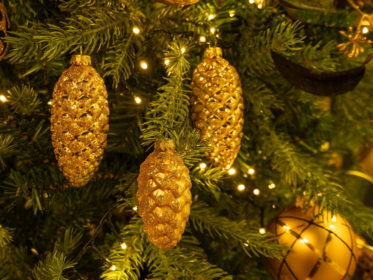 Glas-Tannenzapfen Gold Glanz/Satin mit Gold-Glitter, 4er Set (2 klein 8cm + 2 groß 10cm), 4 Stck., Weihnachtsbaumkugeln, Christbaumschmuck, Weihnachtsbaumanhänger