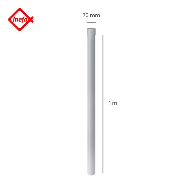 Inefa Regenfallrohr aus Kunststoff mit einer Länge von 1 Meter und einem Durchmesser von 75 Millimeter. Inefa Logo.